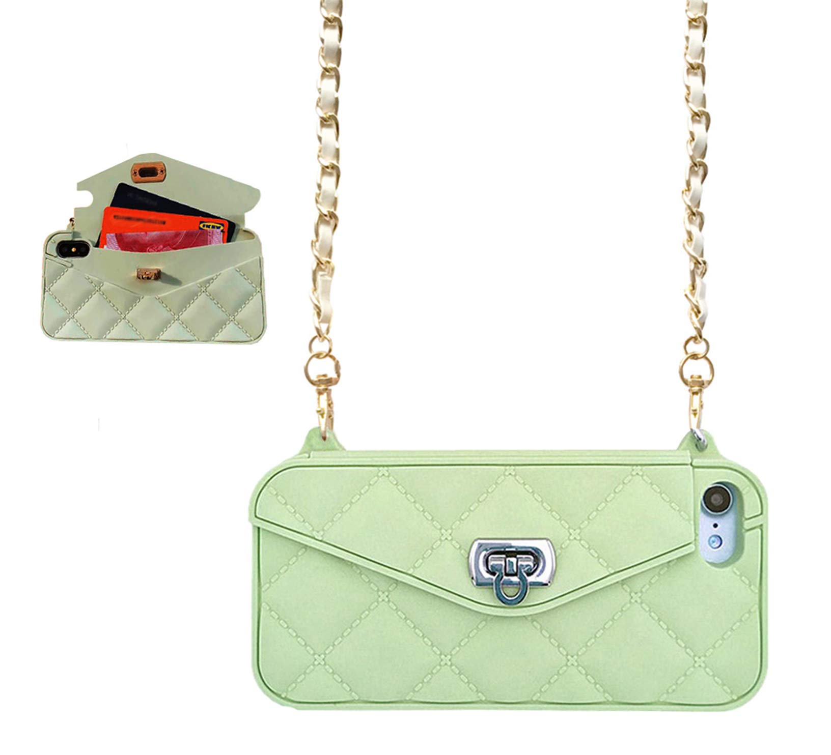 UnnFiko Wallet Case Compatible with iPhone, Cute Light Luxury Bag Design, Purse Flip Card Pouch Cover Soft Silicone Case with Handstrap Long Shoulder Strap (iPhone 6 / 6s, Green) โ image 1