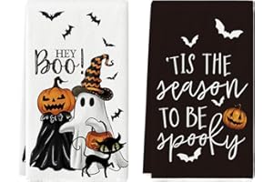 Artoid Mode Ghost Pumpkins Bats Cat Hey Boo Halloween Kitchen Towels Dish Towels, 18x26 Inch Seasonal Decoration Hand Towels Set of 2
