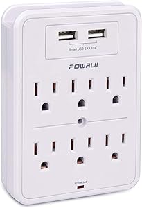 POWRUI Surge Protector, USB Wall Charger with 2 USB Charging Ports(Smart 2.4A Total), 6-Outlet Extender and Top Phone Holder for Your Cell Phone, White, ETL Listed