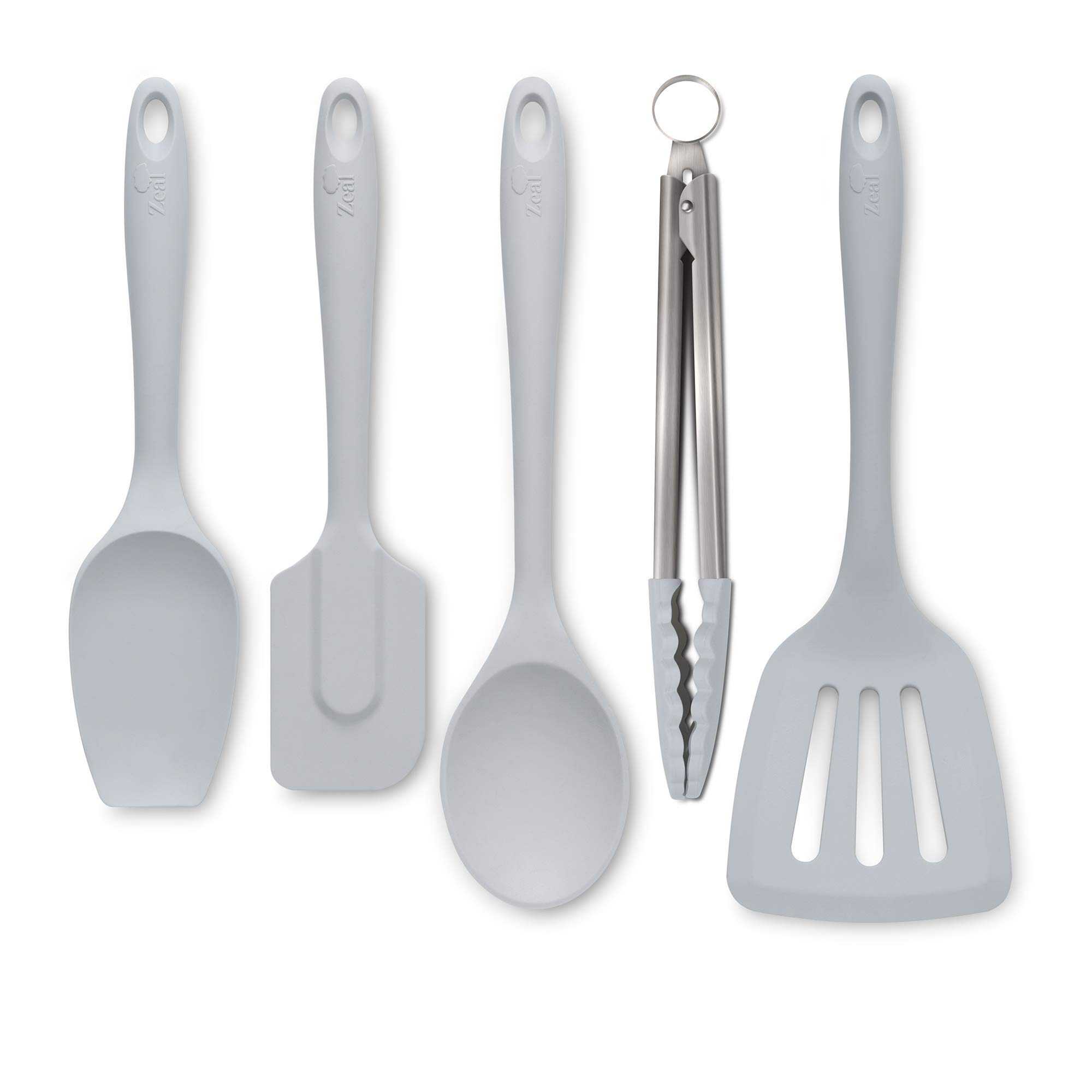 Zeal JSET45S Non-Stick Silicone Cooking Tongs, Turner, Spatula Spoon & Cook Spoon 5-Piece Set-French Grey