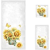 Naanle Chic Beautiful Sunflowers Butterfly Vintage Soft Luxury Decorative Set of 3 Towels, 1 Bath Towel+1 Hand Towel+1 Washcloth, Multipurpose for Bathroom, Hotel, Gym, Spa and Beach(White)