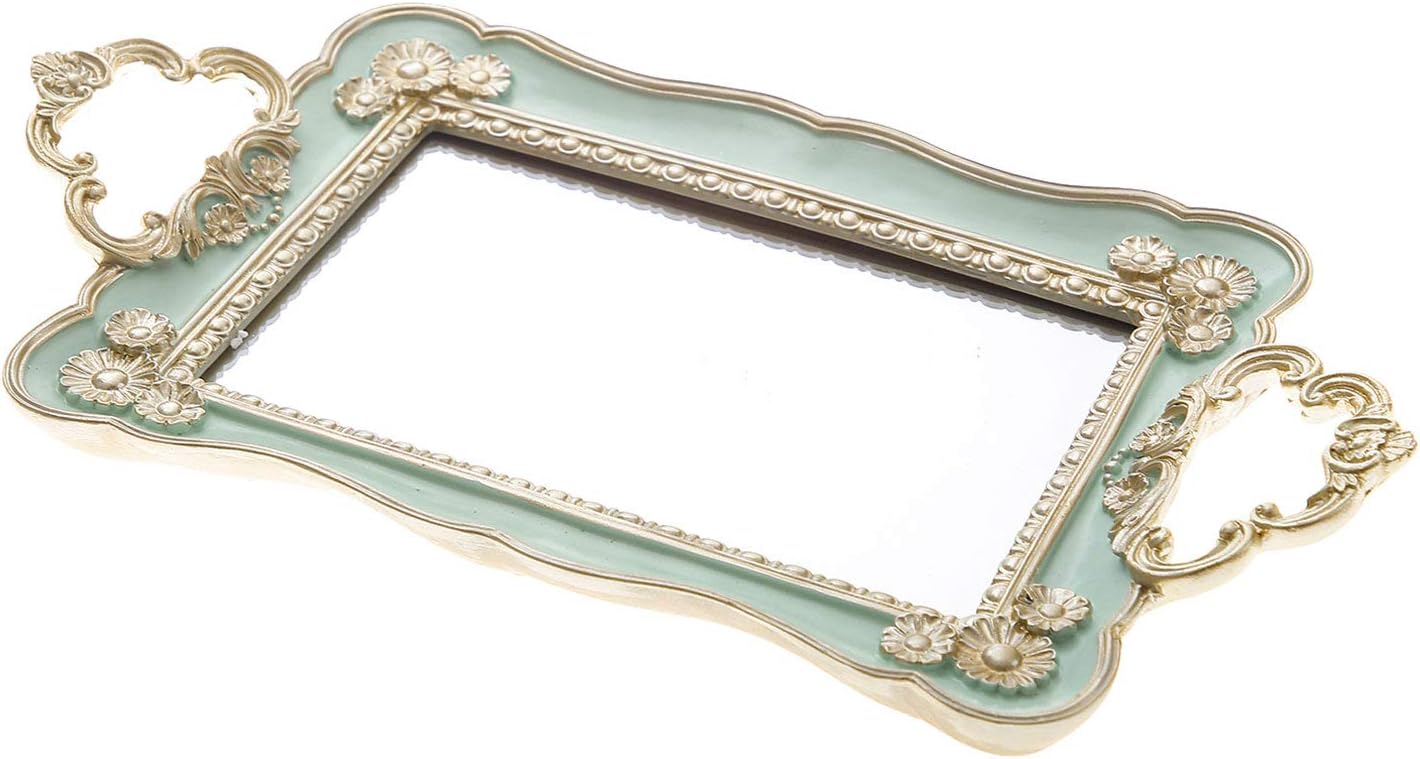 Resin Antique Rectangle Serving Mirror Ornate Decorative Vanity Tray, Makeup and Jewelry Organizer, Vanity Tray for Dresser, Bathroom, Bedroom Kitchen Home Decoration Ornament, Green