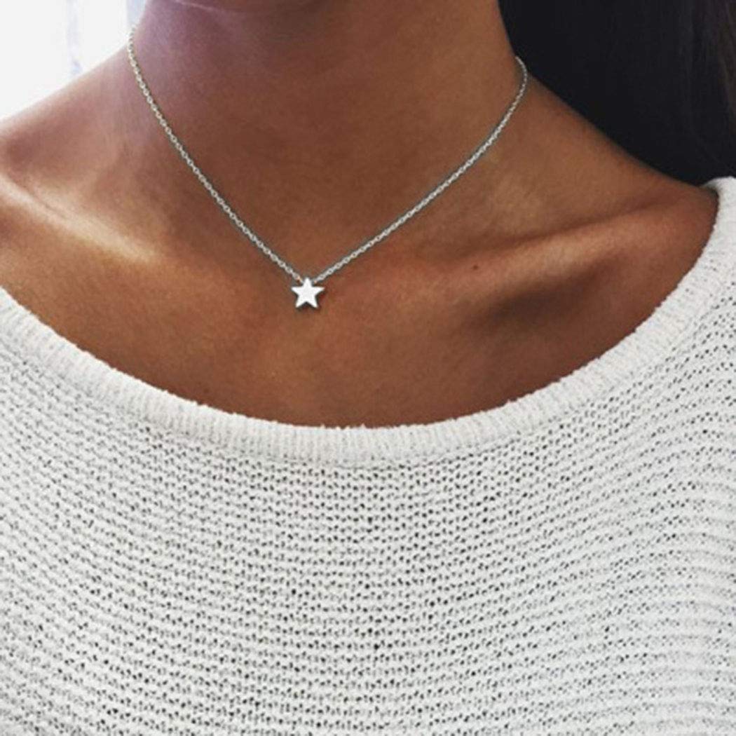 TseenYi Bohemian Star Necklace Choker Silver Star Pendant Necklace Minimalist Clavicle Necklaces Chain Jewelry for Women and Girls (Silver)