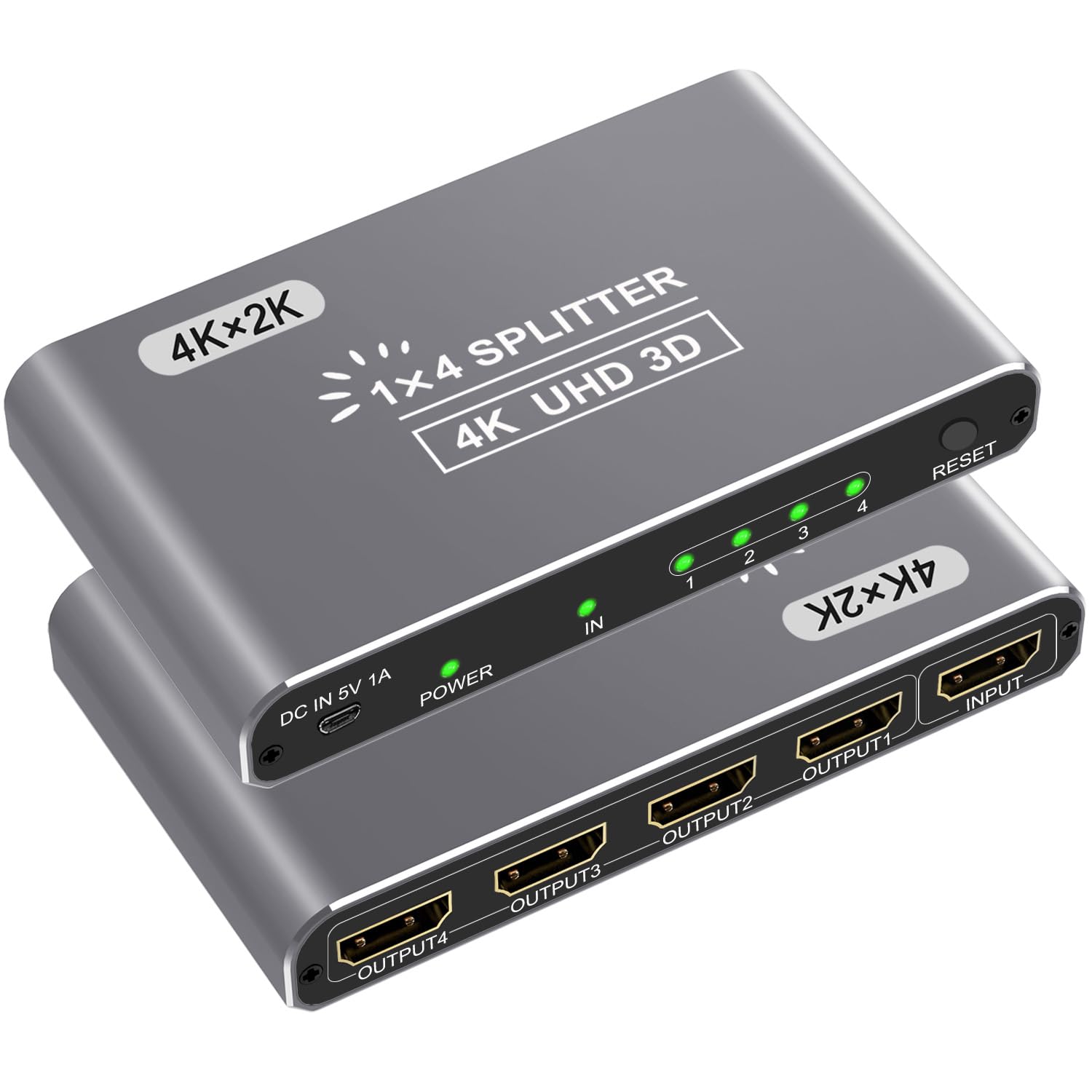 HDMI Splitter, HDMI Splitter 1 in 4 Out for 4 Monitors Supports 3D Full HD 1080P Aluminum Compatible for PS4 Fire Stick HDTV(1 Source to 4 Displays) Silver