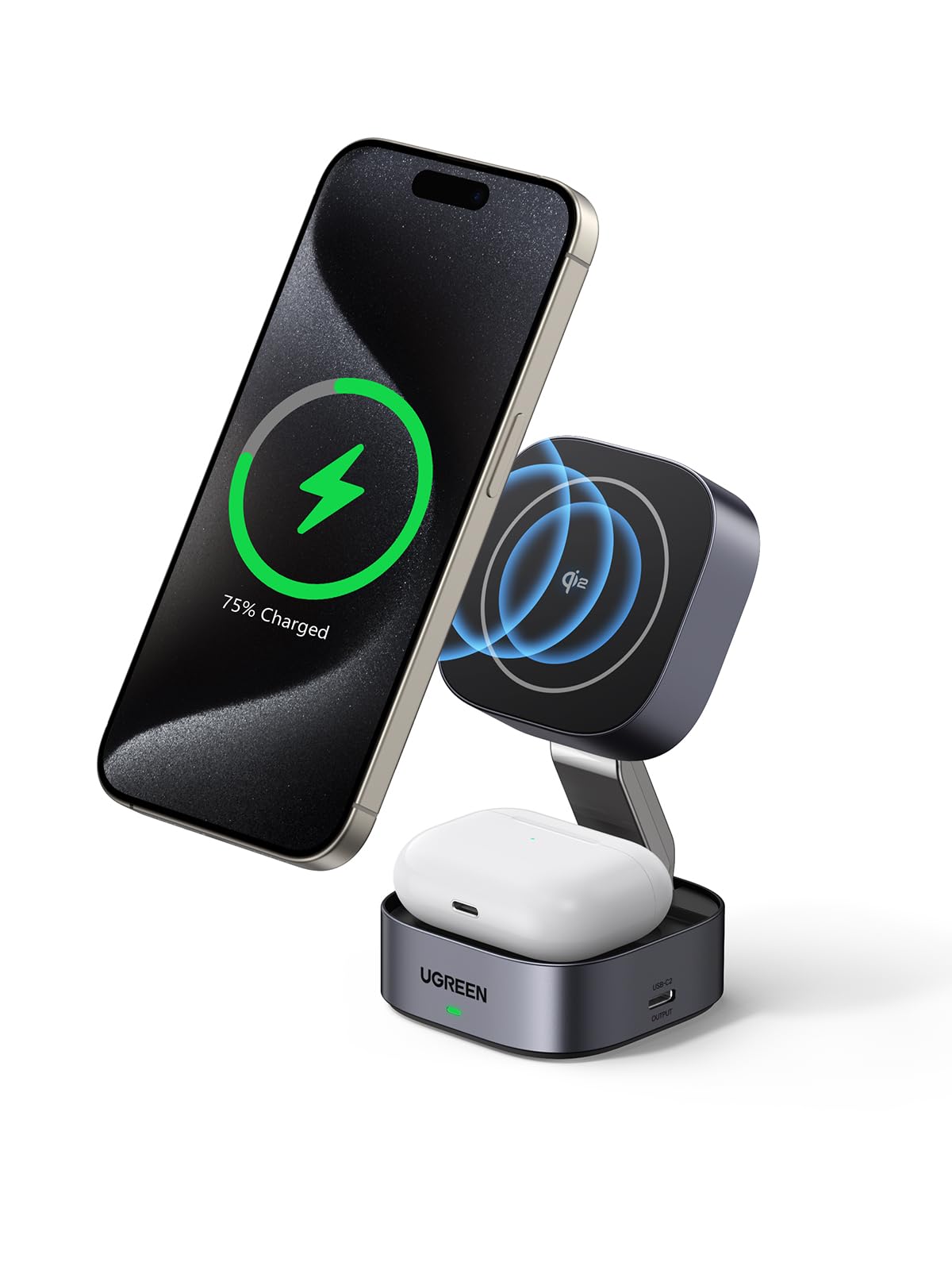 UGREEN MagFlow Qi2 ワイヤレス充電器 15W MagSafe対応 iPhone ワイヤレス充電 折りたたみ式 マグセーフ 充電スタンド【 2in1＋USB Cポート増設】iPhone 17/16/15/14/13/12シリーズ、AirPods 3/2など適用商品画像