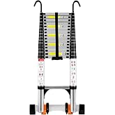 Telescoping Ladder with Hooks, 20.3 FT, Stabilizer &amp; Wheels, Silver | Tested to ANSI A14.2-2017, 300 lb Capacity, Auto-Lock Rungs, Anti-Slip Feet, For Roof, Gutter, RV &amp; Outdoor Maintenance