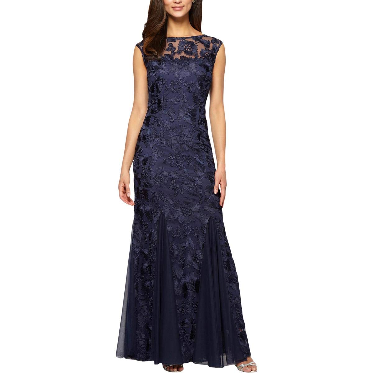 Alex-Evenings-Womens-Long-Fit-and-Flare-Dress-Godet-Detail-Petite-and-Regular-Navy-10P