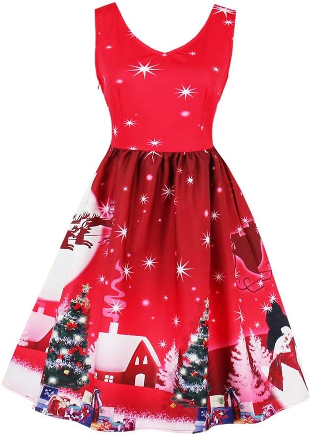 LeaLac Women's Vintage Christmas Santa Print High Waist Plus Size Party Swing Dress