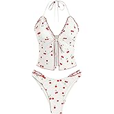 ZAFUL Tankini Swimsuits for Women Smocked Ruffles Tie Front Bowknot Textured High Cut Tanga Tankini Set