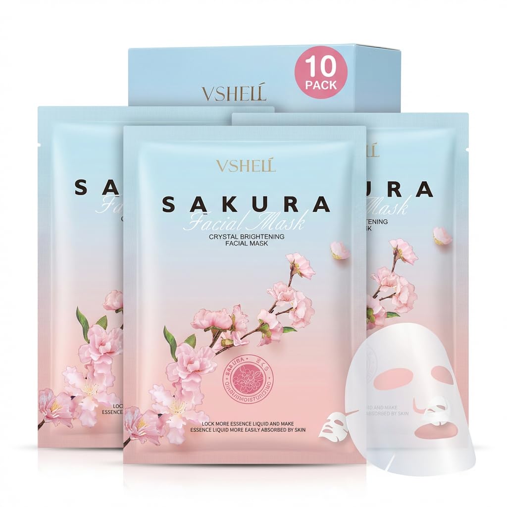 Brightening Face Sheet Mask, Set of 10 - Japanese Hydrating Beauty Skincare with Sakura Extract for Women and Men - Moisturising Anti Aging Facial Treatment - Ideal for Sensitive Skin