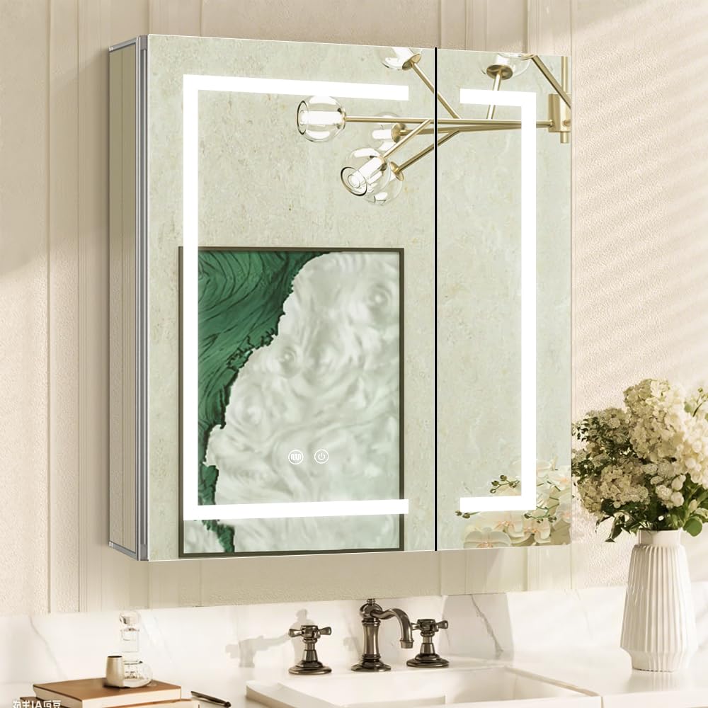 Photo 1 of Janboe LED Medicine Cabinet,Bathroom Mirror Cabinet with Lights,24×28inch,Equip with Internal Light,Aluminum Construction,USB Shaver Socket,3 Color,Dimmer,Demister,Surface Mounted and Recess Mounted