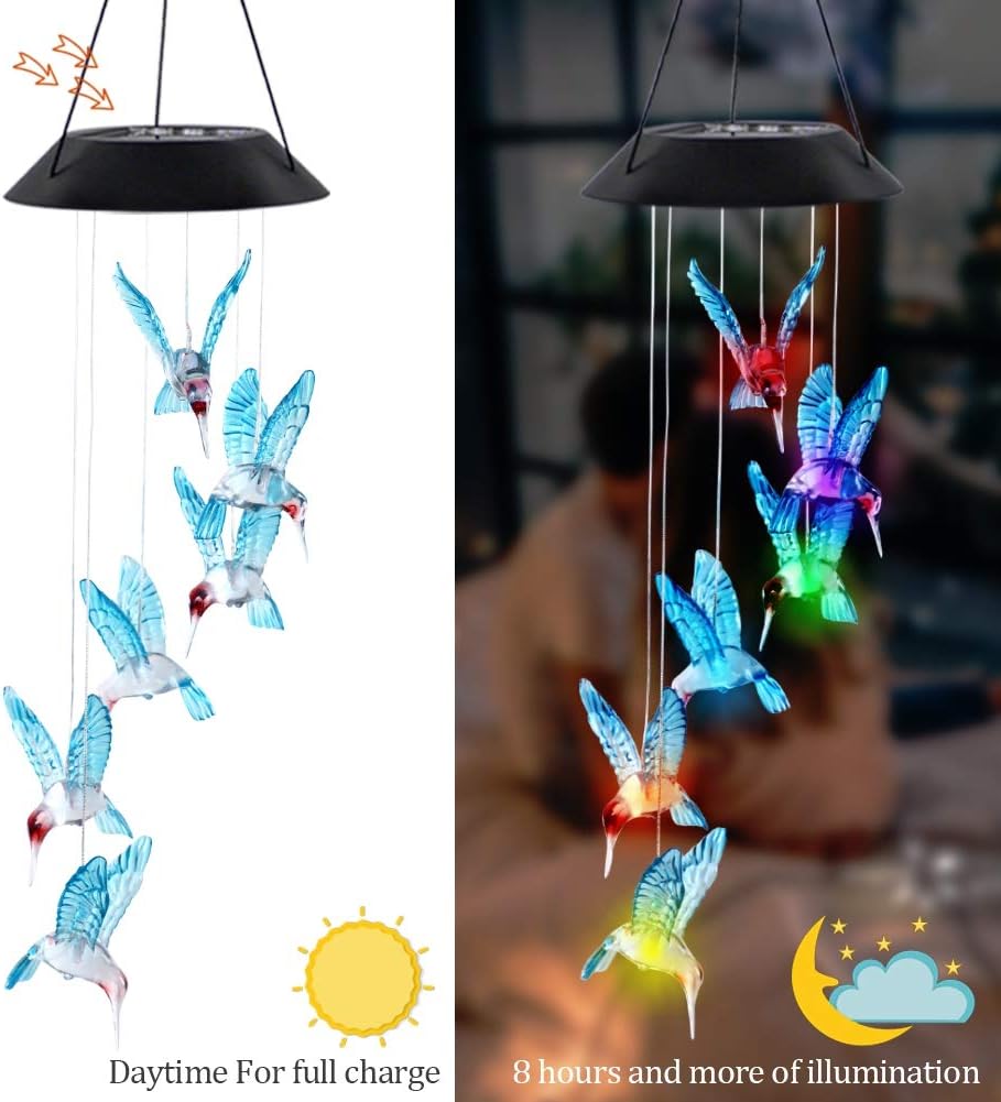 MorTime LED Solar Hummingbird Wind Chime, 25" Mobile Hanging Wind Chime for Home Garden Decoration, Automatic Light Changing Color (Blue) : Garden & Outdoor