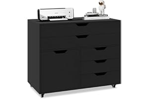 SILKYDRY File Cabinet, 5 Drawer Filing Cabinet with Door, Mobile Storage Organizer, Wooden Printer Stand on Wheels for Study 