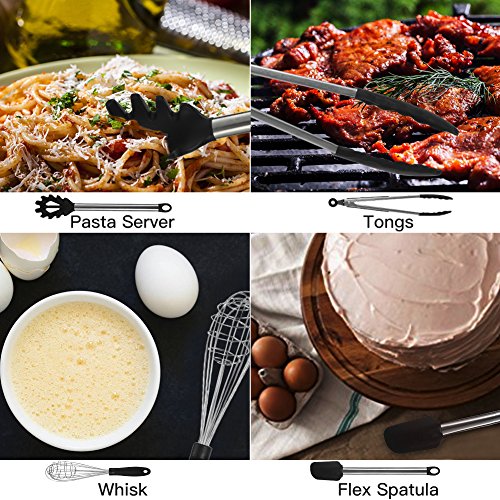 Kitchen Utensil Set - 8 Cooking Utensils Kit Gadgets with Nonstick Silicone & Stainless Steel - Kitchen Tools Serving Spatula, Spoon, Tongs, Whisk, Strainer, Ladle, Pasta Server, Slotted Turner