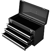Happytools Portable Tool Box, Lockable Steel Tool Chest Cabinet w/ 3 Drawers & Top Tray, 3-Drawer Toolbox for Household, Ware