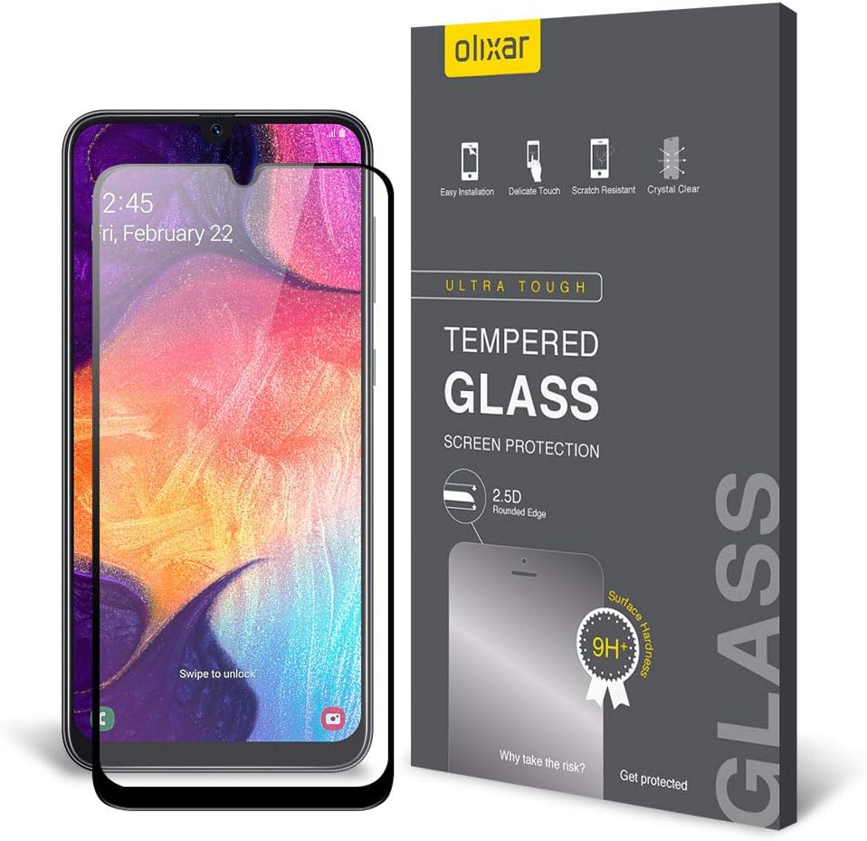 Olixar for Samsung A50 Screen Protector Tempered Glass - Shock Proof, Anti-Scratch, Anti-Shatter, Bubble Free, Clear HD Clarity Full Coverage Case Friendly - Easy Application