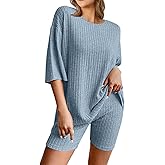 NORACORA Pajamas 2 Piece Lounge Sets Ribbed Knit for Women Matching T-shirt Shorts Outfits Sleepwear