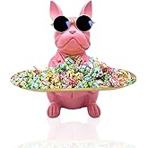 Huhote Bulldog Tray Statue, Sitting Bulldog Candy Dish Key Holder Bowl, Bulldog Accessories, Resin Statues for Office Desk Home Decor Figurines Entryway Table Decor (Pink)