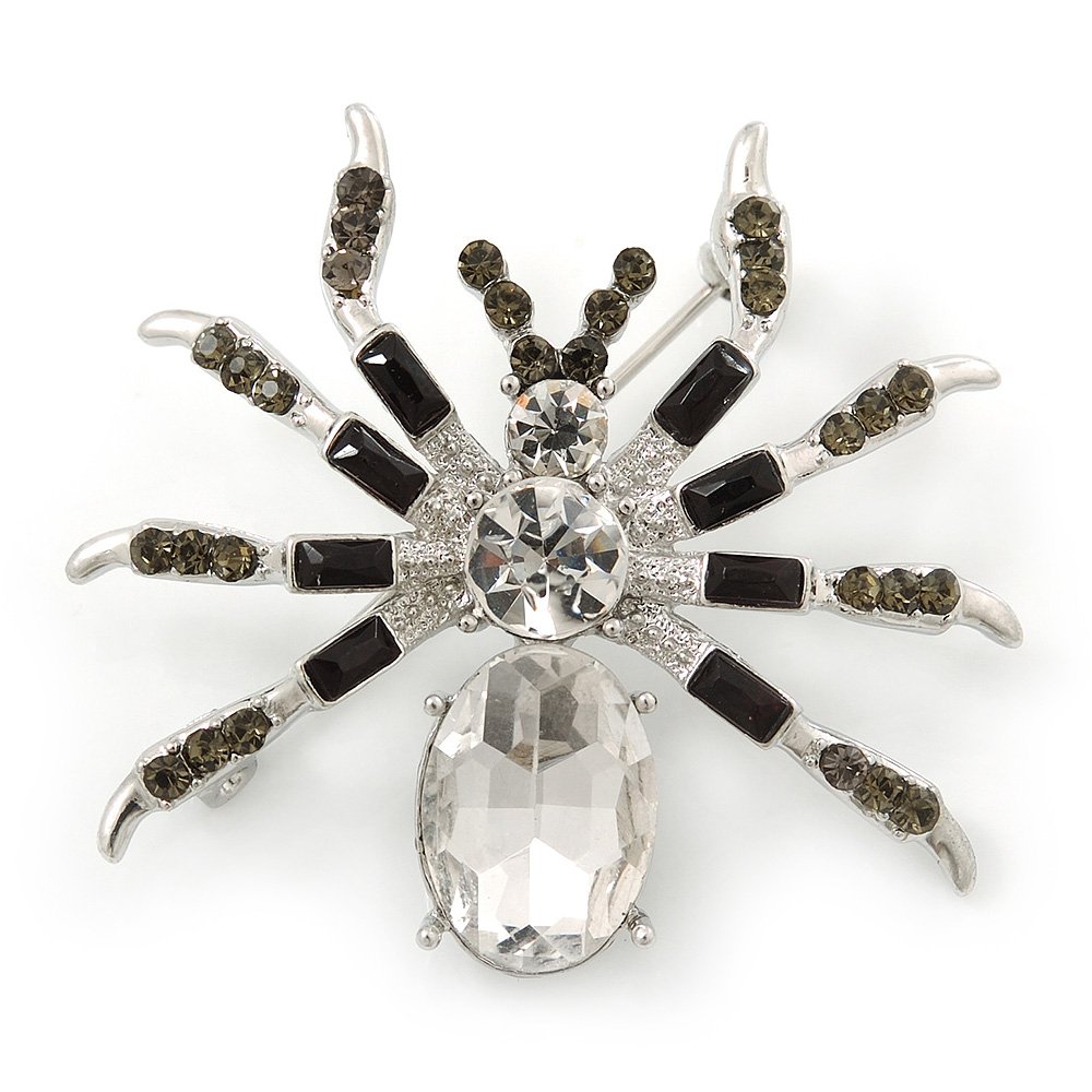 Clear/Grey Crystal, Black Enamel 'Spider' Brooch In Rhodium Plating - 40mm Width