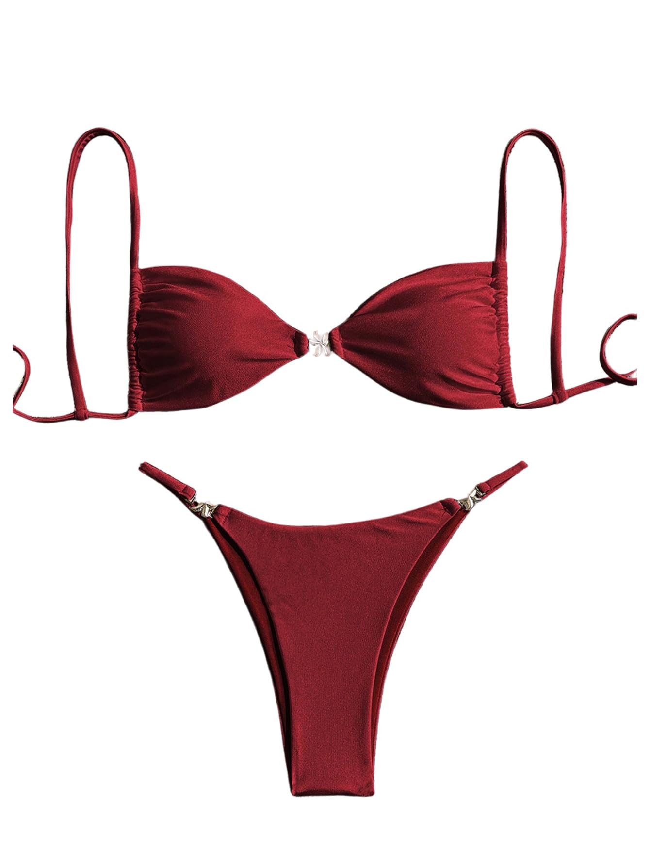 Photo 1 of RoseSeek Women's 2 Piece Swimsuit Starfish Decor Padded Boho Bathing Suit Spaghetti Strap Bikini Set Burgundy X-Small