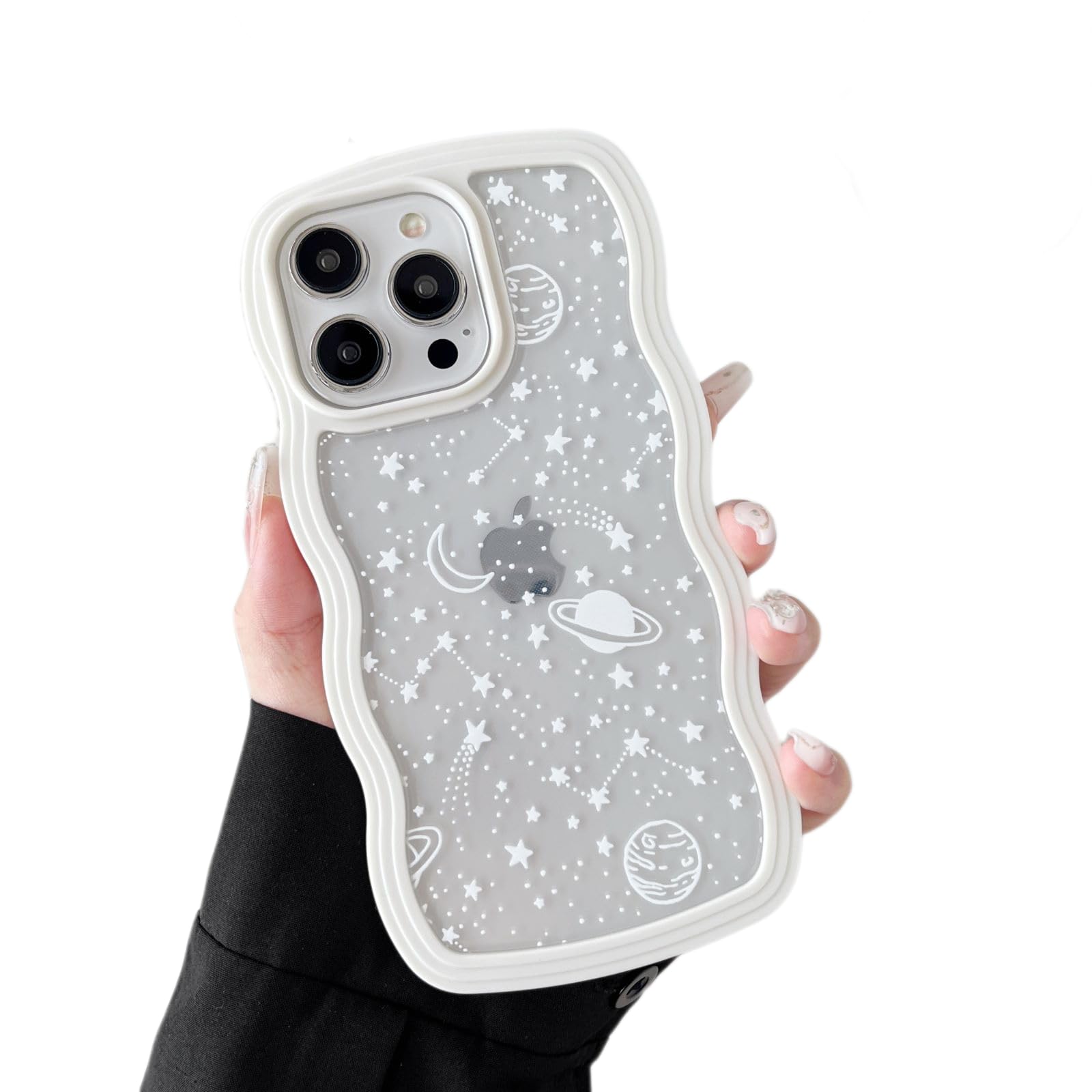 ZTOFERA for iPhone 15 Pro Case 6.1 inch,Cute Curly Wave Frame Shape Case with Star Space Pattern, Clear Slim Shockproof Hard PC Bumper Phone Case for iPhone 15 Pro, White — image 1