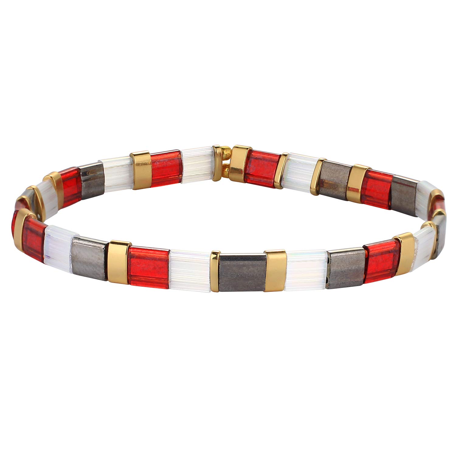 KELITCH Colorful Friendship Stretch Bracelets Candy Miyuki Beads Bracelets Mixed Strand Jewelry - Red Gray 02B