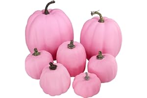 Winlyn 7 Pcs Assorted Sizes Fall Artificial Pink Pumpkins Harvest Pumpkins Faux Foam Pumpkins for Fall Autumn Season Halloween Thanksgiving Harvest Holiday Season Festive Tabletop Decoration