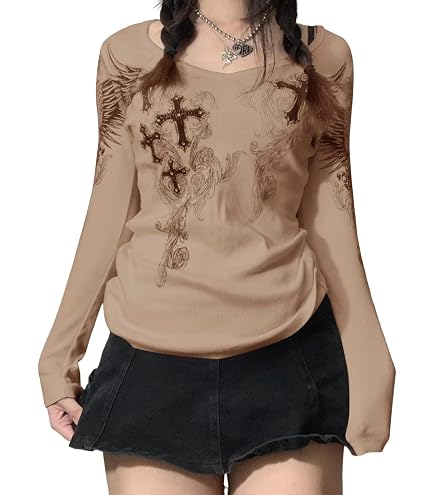 Y2K Long Sleeve V-Neck Ribbed Crop Tops Women Vintage Graphic