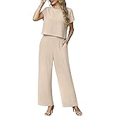 Lepunuo 2 Piece Sets for Women Summer Cap Sleeve Crop Top Wide Leg Pants Matching Lounge Set Vacation Beach Travel Outfits