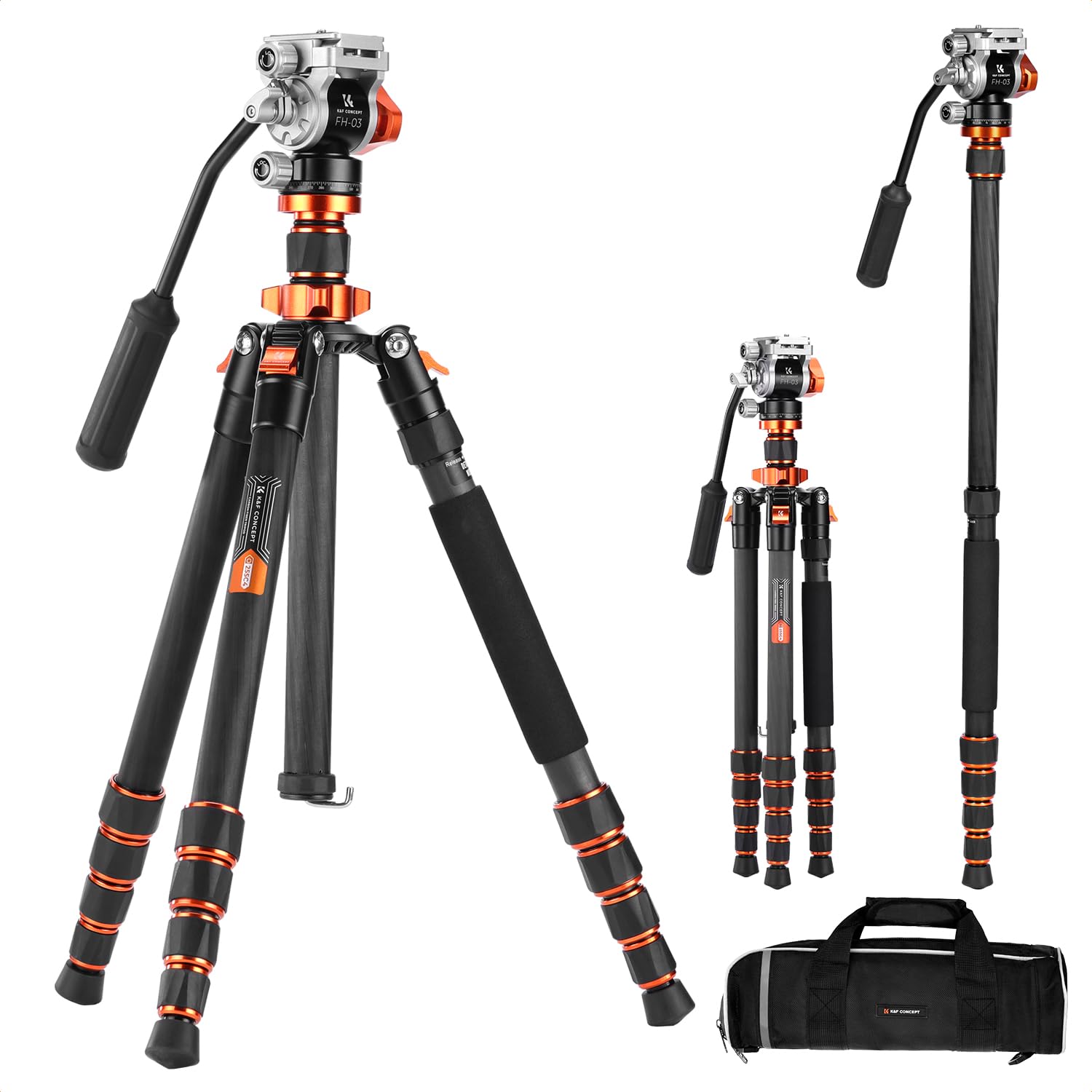Photo 1 of K&F CONCEPT Tripod for Camera?68'' Carbon Fiber Tripod with Fluid Head Max Load 11lb, Lightweight DSLR Camera Tripods & Monopods for Canon Sony Nikon.