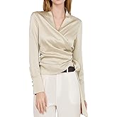 Womens Satin Wrap V Neck Blouse Long Sleeve Tie Belt Shirt Elegant Fitted Cream Top