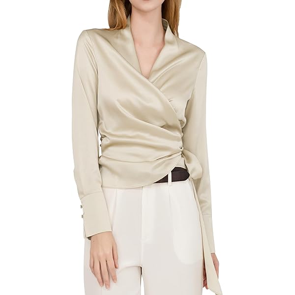 CIDER Satin V-Neck Wrap Zip Long Sleeve Blouse: Brown, XS at