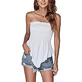 LYANER Women's Frill Shirred Ruffle Hem Strapless Tube Top Sleeveless Pleated Peplum Bandeau Blouse