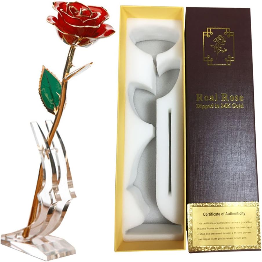 MEIWO 24K Gold Rose, Long Stem Gold Rose with Transparent Display Stand, for Birthday, Valentine's Day, Mother's Day, Wedding Anniversary Home Decor