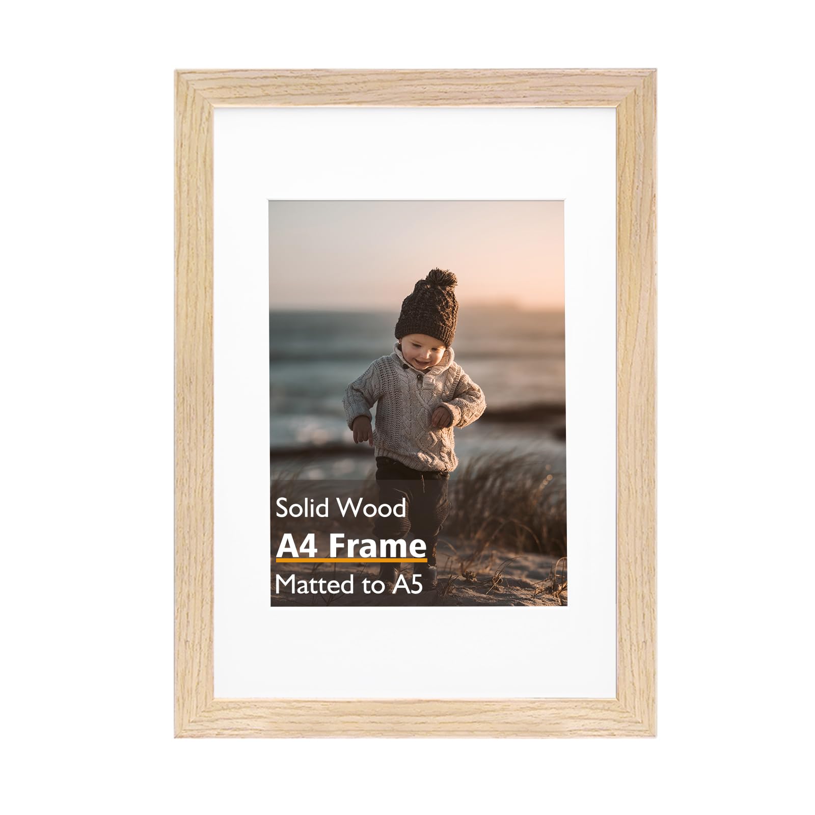 Photo 1 of KINLINK A4 Picture Frame, Natural Solid Wood Frame with Acrylic Plexiglass for Pictures A5 with Mat or A4 without Mat, Tabletop and Wall Mounting Display Photo Frame 1 Pack