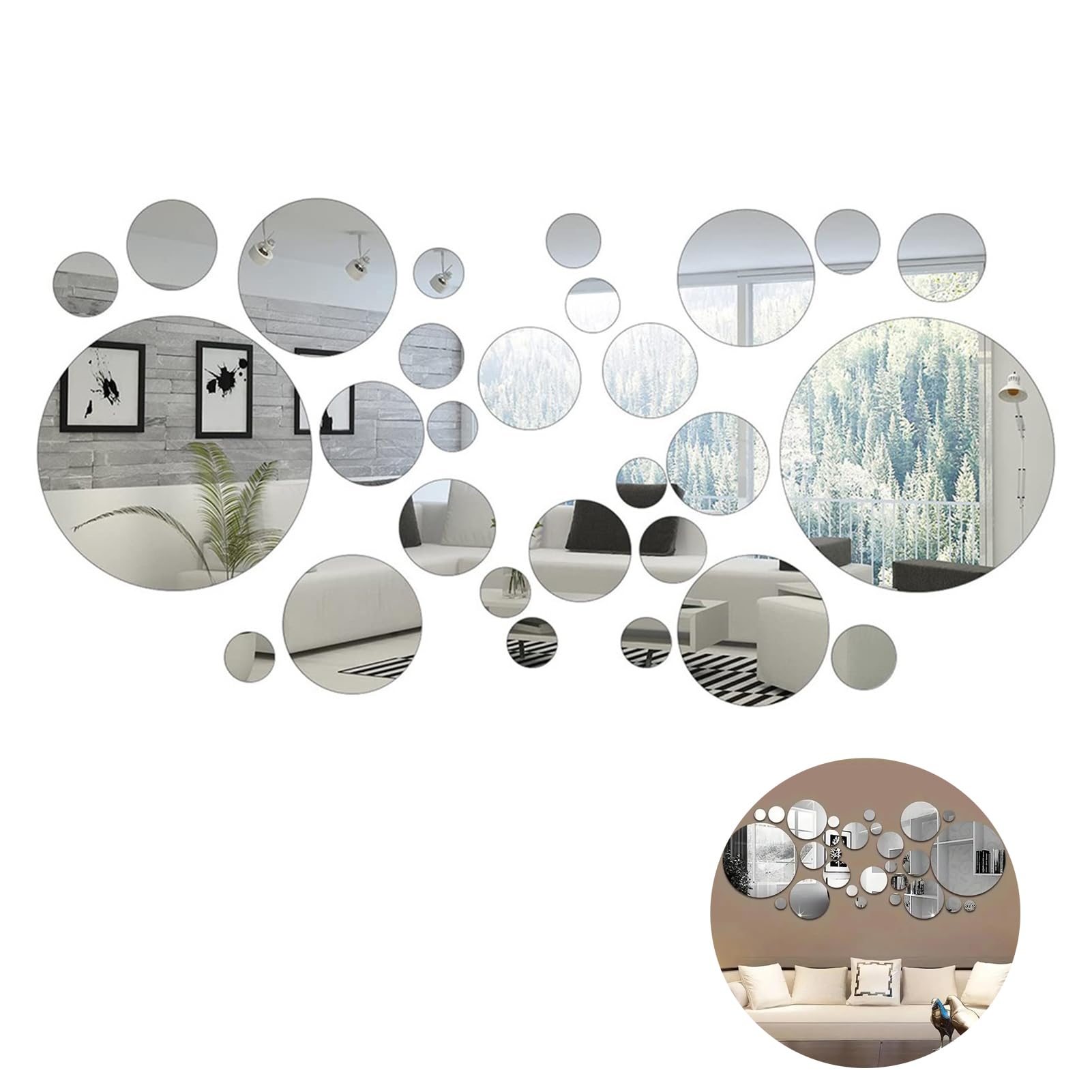 32 Pcs Mirror Wall Stickers, 3D Removable Acrylic Mirror Stickers Round Mirror Sheets for Walls, Circle Decal Sticker DIY 6 Different Sizes Wall Mirror Decals for Living Room Kitchen Bedroom Office