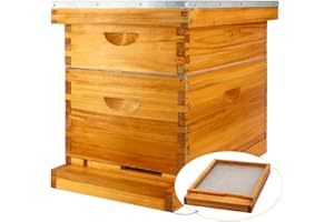 MayBee 8 Frame Screened Bottom Board Beehive Dipped in 100% Beeswax, Bee Hives Kit Includes 1 Deep Boxes & 1 Medium Hive Box with Beehive Frames and Wax Foundations. Preferred for Summer