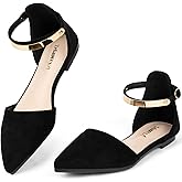 Zelaprox Women's Black Pointed Toe Flats Rhinestone Bow Ankle Strap Ballet Flats Comfortable Slip On Flats Light Weight Suede Dress Shoes