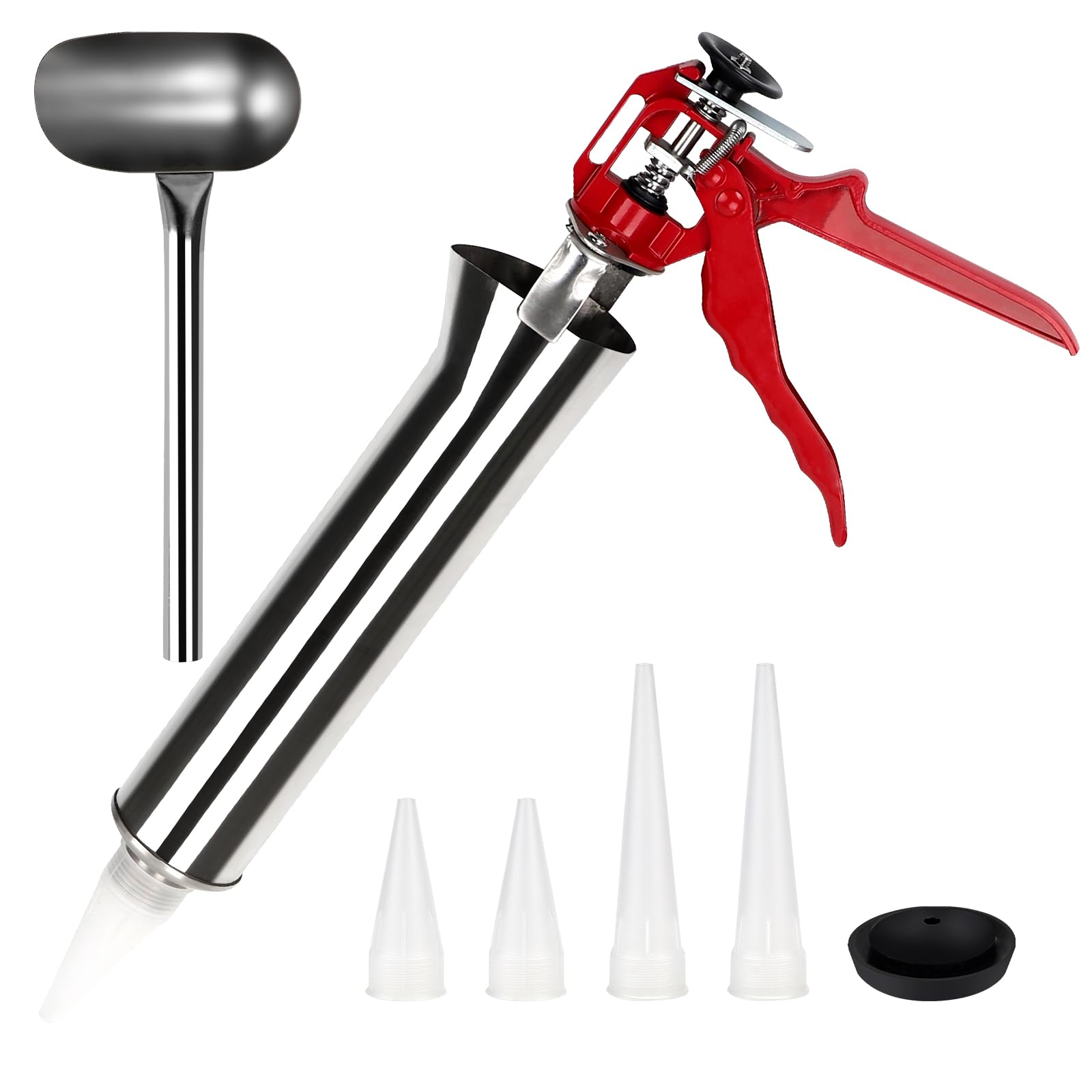 EXLECO Mortar Gun Stainless Steel Grout Gun for Mortar Press Mortar Syringe Joint Sprayer with 4 Nozzles 1 Replacement Rubber Piston 1 Spoon Concrete Hand Mortar Pump for Brick Tips and Tiles