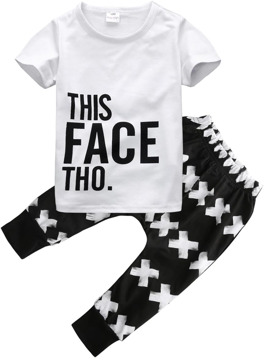 Little Boys Short Sleeve Letters Print T-Shirt and Cross Pants Outfit