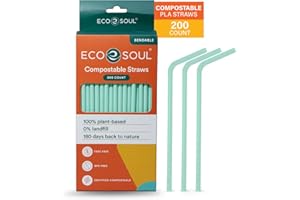 ECO SOUL 100% Compostable Straws [200 Count][8.25"] Eco-Friendly Biodegradable Sustainable Disposable Straws, Cocktail Cold Drink Smoothie Bendable Straws