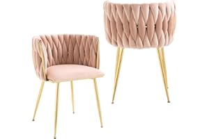 NIOIIKIT Modern Velvet Dining Chairs Set of 2 Hand Weaving Accent Chairs Living Room Chairs Upholstered Side Chair with Golden Metal Legs for Dining Room Kitchen Vanity Living Room(Pink)