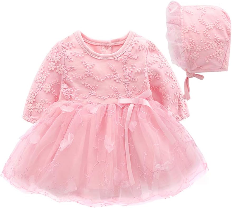 Newborn Infant Baby Girl Flower Lace Dress Romper Jumpsuits Baptism Dress Long Sleeve Jumpsuit Outfit Clothes with Hat Pink 66cm