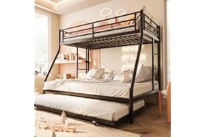 SUNLEI Metal Bunk Beds with Double Secured Ladders, Twin Over Full Bunk Bed with Surrounded Safety Guardrails, Space Saver Twin Beds, Noise Free for Small Bedroom, with Trundle, Black