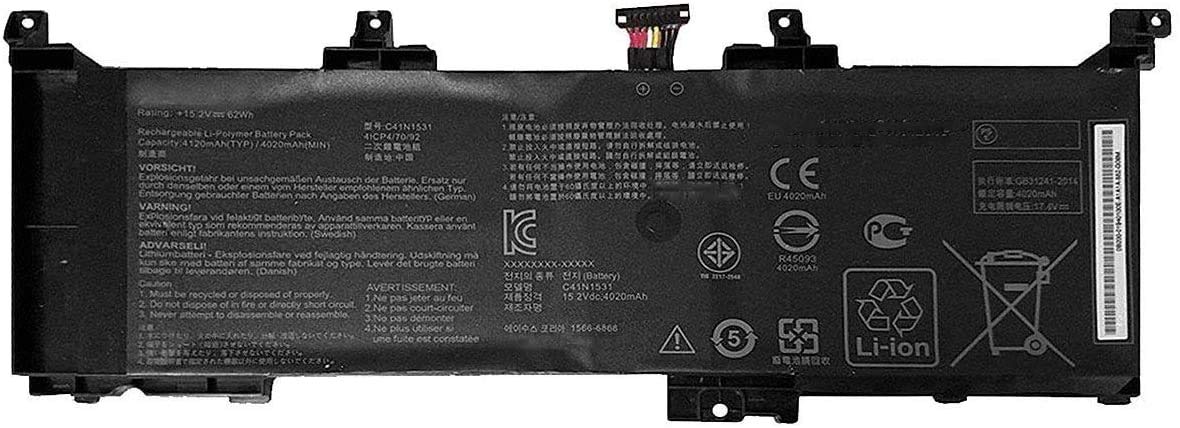 C41N1531 0B200-01940100 Laptop Battery Replacement for Asus GL502VS-1A GL502VS-1E GL502VT-1B GL502VY GL502VY-1A GL502VY-DS71 GL502VY-DS74 Rog GL502VS GL502VT Rog Strix GL502VS Series(15.2V 62Wh)