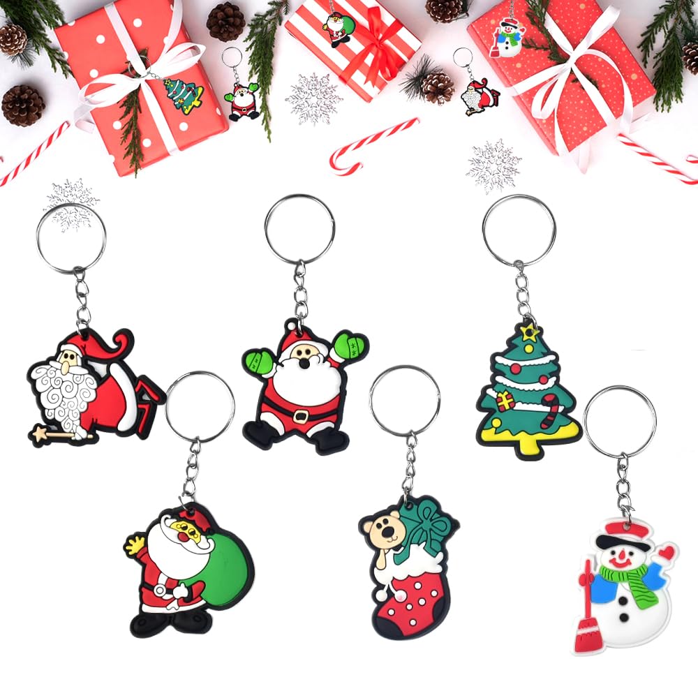BUZIFU 54 Pieces Christmas Keychain Cartoon Keychains Christmas Keyrings Bulk Santa Claus Snowman Chrimbo Stocking Xmas Tree Pendant Keychains, Xmas Party Favors Gifts Bag Fillers