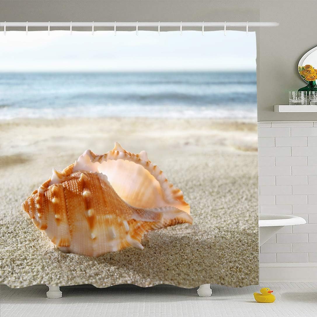 Ahawoso Shower Curtain Set with Hooks 72x72 Shell Cockleshell Seashore On Sandy Sunlight Beach Nature Parks Pacific Summer Outdoor Copy Sky Waterproof Polyester Fabric Bath Decor for Bathroom