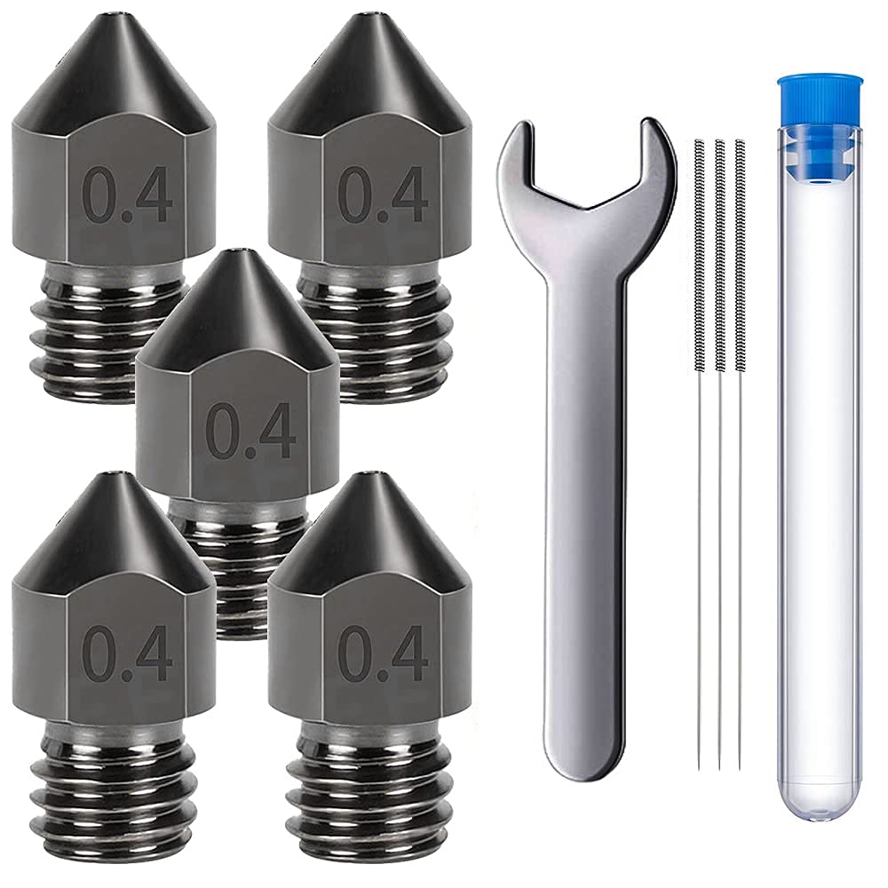 MMOBIEL 5 Pcs 0.4mm Hardened Steel MK8 3D Printer Nozzles Extruder Compatible With Creality Ender 3 Series, Ender 5 Series, CR-10/10S, Makerbot, Anet A8 Incl. 3 Cleaning Needles and Wrench