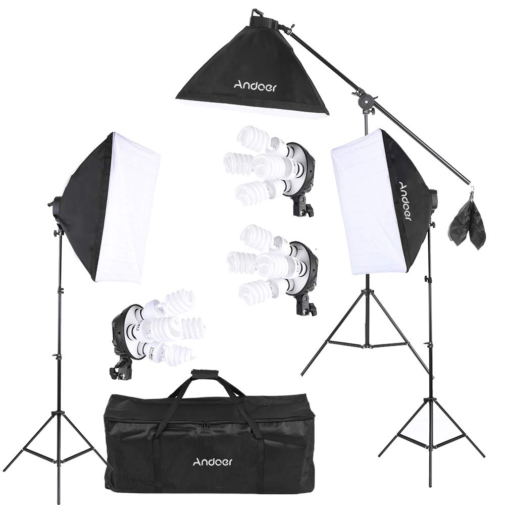 Andoer Softbox Photography Lighting Kit with 3 Softboxes, 12 CFL Bulbs, 3 Light Stands, and Boom Arm - Ideal for Studio Video, Live Streaming, Makeup, Portraits, and Product Photos(3 sets)