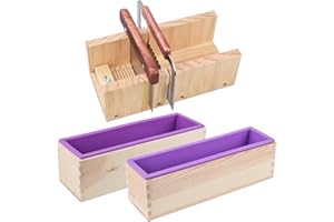 5Pcs Loaf Soap Making Cutting Kit, Silicone Soap Making Molds Adjustable Wooden Soap Cutter Box with Wavy & Straight Cutter f